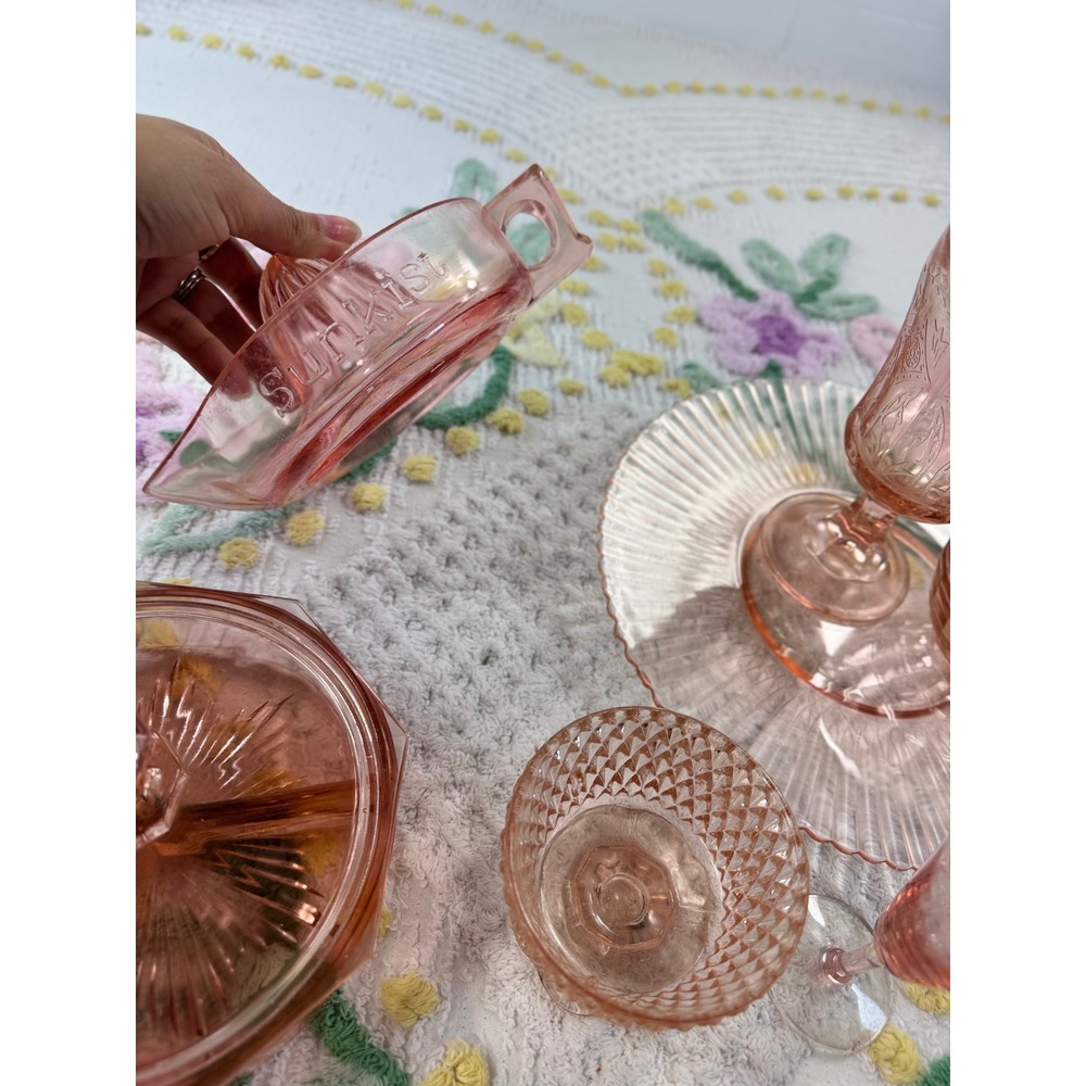 Vintage Pink Depression Glass Set Gilbert Clock Sunkist Juicer Candy Dish 13 pc - Picture 12 of 16